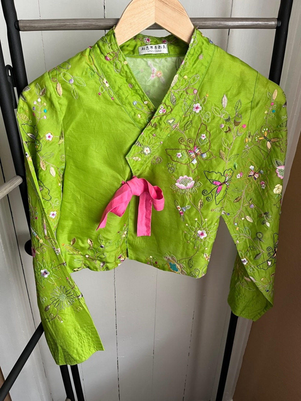 Butterflies and Flowers Embroidered on Lime Green Wrap Jacket